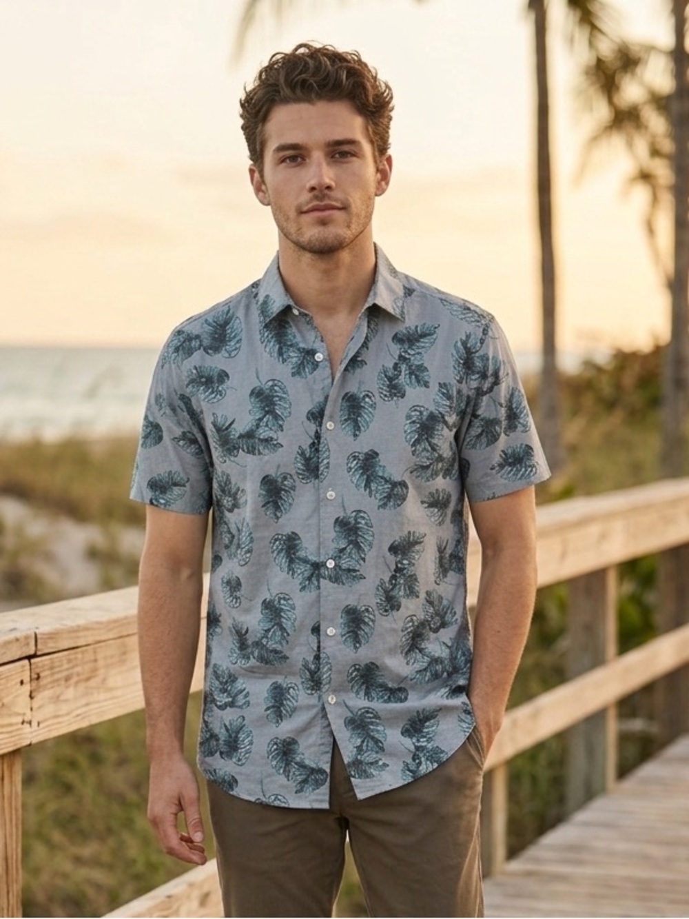 Saks Fifth Avenue Modern Men's Button Up Camp Shirt Leaf Print Large